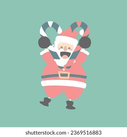 merry christmas and happy new year with cute santa claus and candy cane in the winter season green background, flat vector illustration cartoon character costume design