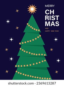 Merry Christmas and Happy New Year card with Christmas tree. Modern Christmas design with typography and geometric snowflakes and Christmas tree. Minimal banner, poster, cover template.