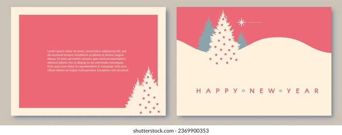 Merry Christmas and Happy New Year flyer and card template set with Christmas trees. Coniferous forest. Fir tree. Season winter offer. Minimal landscape