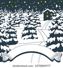 Merry Christmas and Happy New Year card. Classic banner on the background of a night winter spruce forest in the snow. Vector illustration