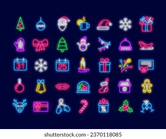 Feliz Navidad y Feliz Año Nuevo colección de iconos de neón. Venado, velas y Santa Claus. Celebración de las vacaciones de invierno. Hombre de nieve, caramelos y presente. Trazo editable. Ilustración de material vectorial