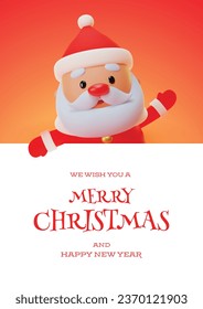 Merry Christmas and Happy New Year greeting card. Winter holiday illustration of a funny laughing Santa Claus with a big white signboard on a red background. Vector 10 EPS.