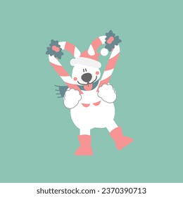 merry christmas and happy new year with cute polar bear and candy cane in the winter season green background, flat vector illustration cartoon character costume design