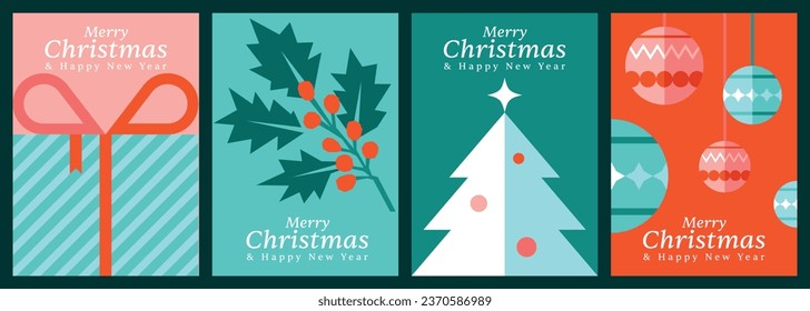 Merry Christmas and Happy New Year greeting card set, Colorful flat vector illustrations for Xmas