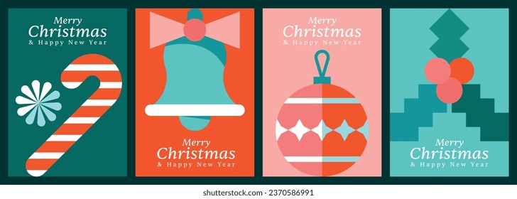 Merry Christmas and Happy New Year greeting card set, Red and green flat vector illustrations for Xmas