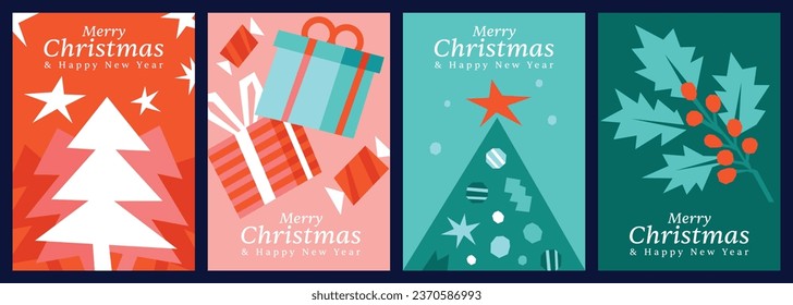 Merry Christmas and Happy New Year greeting card set, Flat vector illustrations for Xmas