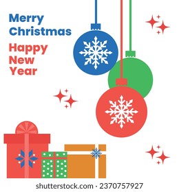 Merry Christmas and Happy New Year, bright greeting card, poster, cover. Modern Christmas design. Christmas gifts and New Year's balls.