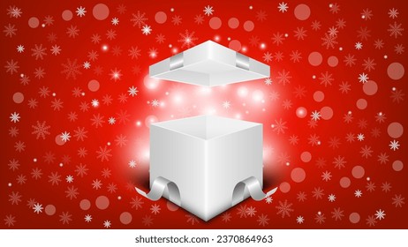 Merry Christmas and Happy New Year. Holiday banner, web poster, flyer, stylish brochure, greeting card, cover. Xmas background. winter Christmas red background. 3D vector.  gifts boxes. Open the gift 