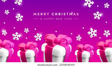 Merry Christmas and Happy New Year neon background. Vector 3d gifts and snowflakes greeting concept. Falling present boxes, snow on vibrant colorful gradient background. Trendy 3d Xmas illustration