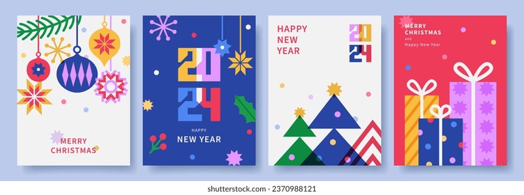 Merry Christmas and Happy New Year set of backgrounds, greeting cards, posters, holiday covers. Xmas templates with typography and modern minimalist geometric style for web, social media, print.