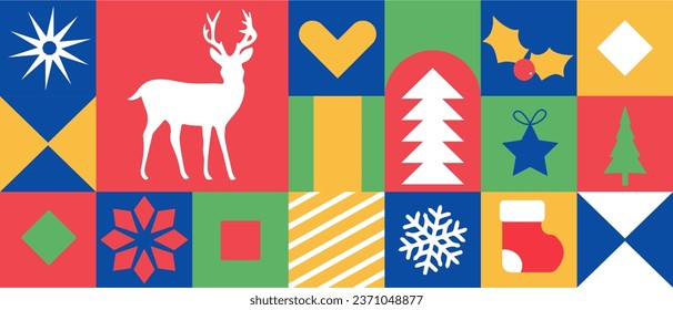 Merry Christmas and Happy New Year. Vector geometric background. Decorative elements: balls, holly, mistletoe, socks, Christmas tree, deer. Design for banner, card, cover, poster, advertisement