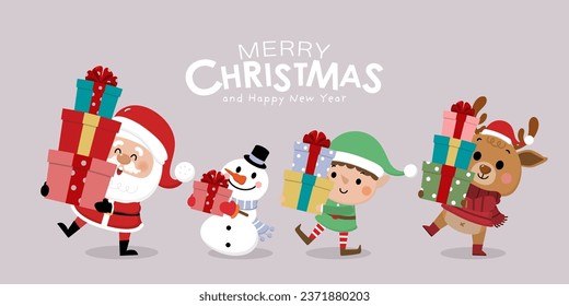 Merry Christmas and happy new year greeting card with cute Santa Claus, little elf, snowman and deer. Holiday cartoon character in winter season. -Vector