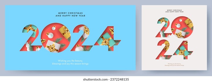 Merry Christmas and Happy New Year modern design in paper cut style with number 2024, Christmas tree, ball, golden, blue and white gifts and pine branches. Xmas card, poster, holiday cover or banner