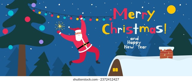 merry christmas and happy new year cute santa claus with sparkler hanging on christmas garland  vector illustration