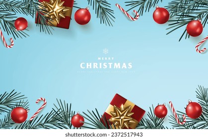 Merry Christmas and happy New Year banner background with Christmas ornaments and gift 