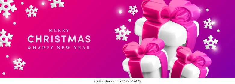 Merry Christmas and Happy New Year neon horizontal background. Vector 3d gifts and snowflakes greeting banner concept. Present boxes with vibrant colors bows. 3d render Xmas gradient illustration.