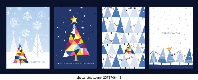 Merry Christmas and Happy New Year banner, greeting card, poster, holiday cover, header. Modern Xmas design in geometric style with triangle pattern, Christmas tree, ball, snow on night sky background