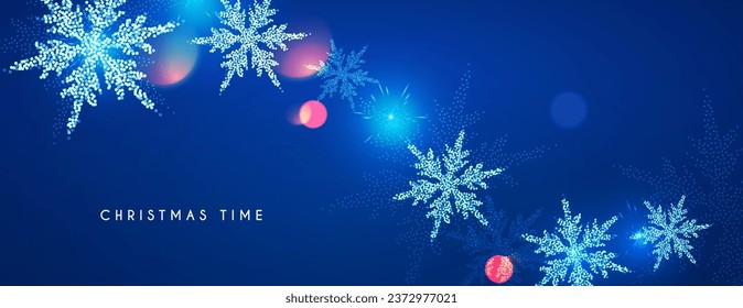 Merry Christmas and Happy New Year design with snowflakes and lights. Shining winter background