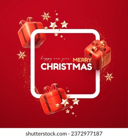 Merry Christmas and Happy New Year square banner design template with gift box. Happy holidays. Special season offer