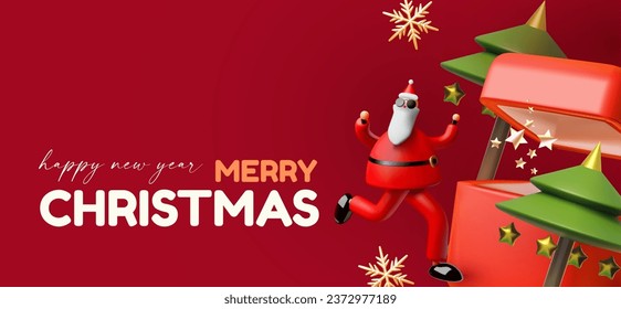 Merry Christmas and Happy New Year design template with gift box, snowflake and Santa Claus. Happy holidays. Special season offer