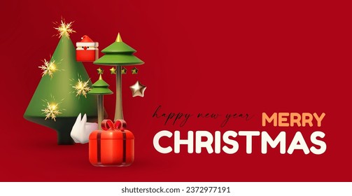 Merry Christmas and Happy New Year design template with gift box, snowflake, white rabbit and Santa Claus. Happy holidays. Special season offer