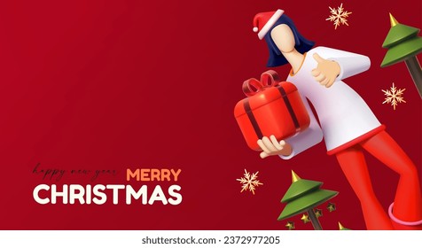 Merry Christmas and Happy New Year design template with girl character. gift box and gold snowflakes. Happy holidays. Special season offer