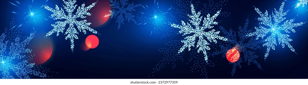 Merry Christmas and Happy New Year design with snowflakes and lights. Shining winter background