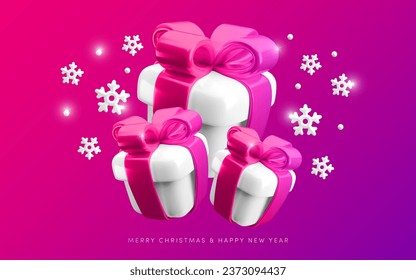 Frohe Weihnachten und glückliches neues Jahr neonaler Hintergrund. Vector 3d Geschenke und Schneeflocken Grußbanner. Fallende Geschenkbox, Schnee auf lebhaftem Farbverlauf-Hintergrund. 3D-Rendering-Xmas-Illustration