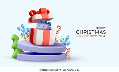 Merry Christmas and Happy New Year. Festive composition with realistic 3d decorative design elements in cartoon style. Christmas Open gift box on round podium stand. Vector illustration