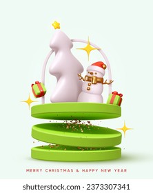 Merry Christmas and Happy New Year. Festive composition realistic 3d decorative design elements in cartoon style. Snowman with Christmas tree on round podium stand, gifts boxes . Vector illustration