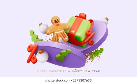 Feliz Navidad y Feliz Año Nuevo. Composición festiva con elementos de diseño 3d realistas en estilo de dibujos animados. Hombre de pan de jengibre, caja de regalos de Navidad en una parada de podio redonda. Ilustración del vector