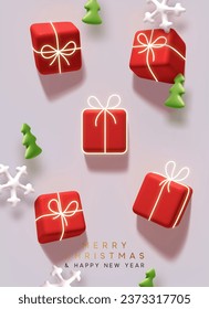 Merry Christmas and Happy New Year. Festive composition with realistic 3d red gift box, white snowflakes and green trees. Christmas poster and holiday banner. Vector illustration