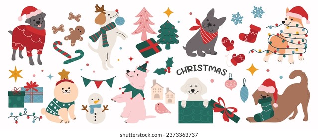 Merry christmas and happy new year concept background vector. Collection drawing of cute dogs with decorative scarf, ribbon, hat. Design suitable for banner, invitation, card, greeting, banner, cover.