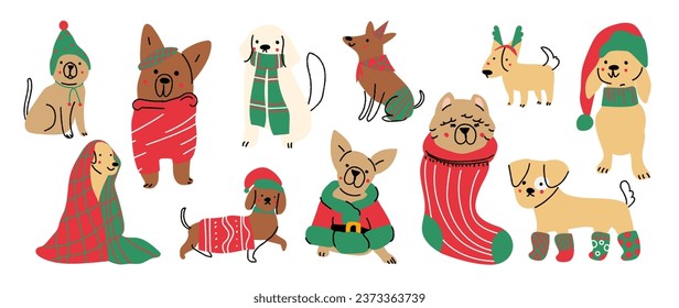 Merry christmas and happy new year concept background vector. Collection drawing of cute dogs with decorative scarf, ribbon, hat. Design suitable for banner, invitation, card, greeting, banner, cover.