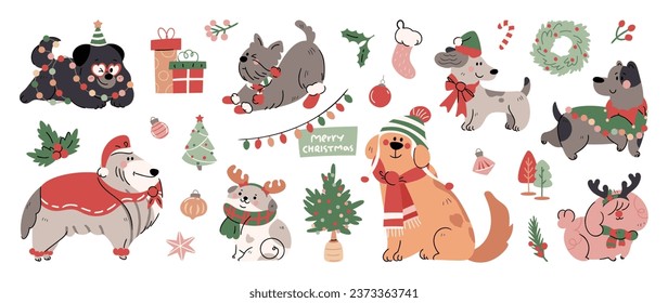 Merry christmas and happy new year concept background vector. Collection drawing of cute dogs with decorative scarf, ribbon, hat. Design suitable for banner, invitation, card, greeting, banner, cover.