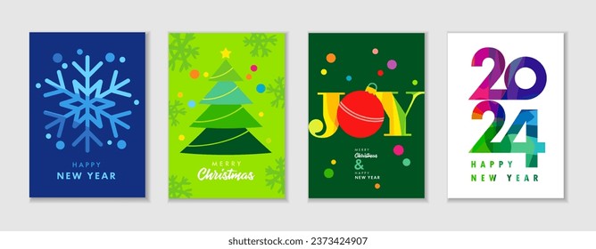 Merry Christmas and Happy New Year 2024 colored greeting cards set. Vector illustration concepts for background with creative snowflake, xmas tree, JOY lettering and 2024 number