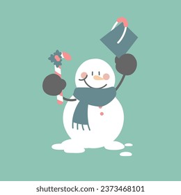 merry christmas and happy new year with cute snowman holding candy cane and bucket in the winter season, flat vector illustration cartoon character