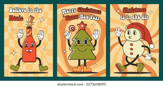 Merry Christmas and Happy New year. Tree, bottle, snowman. Retro cartoon style. Greeting cards, template, posters, prints, party invitations and backgrounds. Red, orange, yellow. Editable stroke. Set