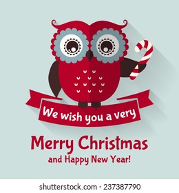 Merry Christmas and Happy New Year! Greeting card with cute owl and ribbon. Flat style. Vector illustration.