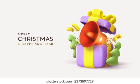 Merry Christmas and Happy New Year. Festive realistic 3d open gift box lilac color, inside a megaphone loudspeaker, cartoon green xmas trees, Christmas poster and holiday banner. Vector illustration