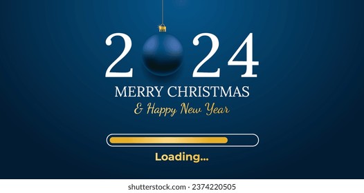 Merry Christmas and Happy New Year vector banner. Loading bar in golden color. Waiting to the 2024 year. Realistic blue baubles with number. Vector illustration