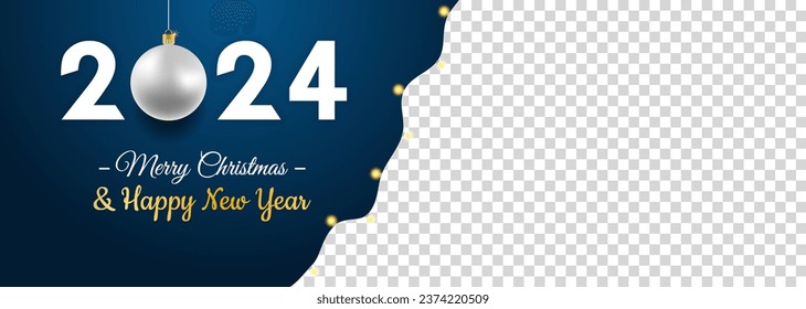 Merry Christmas and Happy New Year vector banner. Realistic rose gold and blue baubles, snowflakes hanging on dark blue background with realistic garland.
