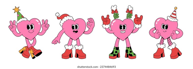 Merry Christmas and Happy New year characters in trendy groovy retro cartoon style. Happy hearts with faces in funny costumes and high heel boots. Sticker pack of comic characters.