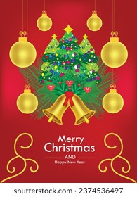 Merry Christmas and Happy New Year  banner with Christmas tree, balls, fir branches