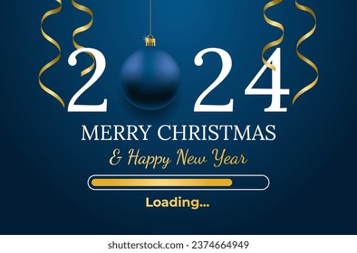 Merry Christmas and Happy New Year vector banner. Loading bar in golden color. Waiting to the 2024 year. Realistic blue baubles with number. Vector illustration