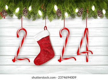 Merry Christmas and Happy New Year background with a 2024, red berries, candy cane and red socket. Vector