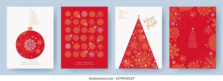 Merry Christmas and Happy New Year Set of greeting cards, posters, holiday covers. Xmas Design with beautiful snowflakes in modern line art style on red background. Christmas tree, border frame, decor