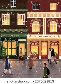 Merry christmas, Happy new year. People walking on street in snow. City panorama. European old town, Cozy building, Winter holiday. Xmas eve. Trendy hand drawn style. Flat design vector illustration.