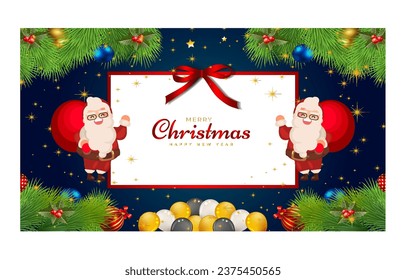 Merry Christmas and Happy New Year. Xmas background banner with
 Christmas flower, tree, star, balls and golden decoration design.