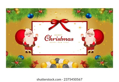 Merry Christmas and Happy New Year. Xmas background banner with
 Christmas flower, tree, star, balls and golden decoration design.
